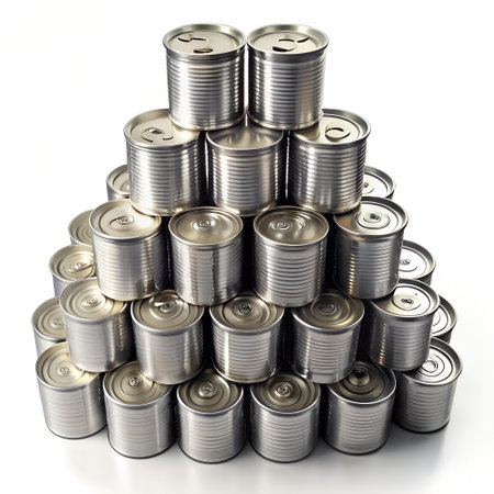 A stack of unopened. metallic cans against a white background. Ideal for illustrating concepts of food storage. grocery shopping. or recycling.の素材