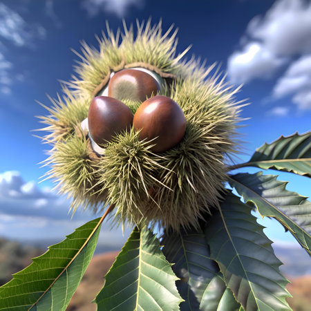 A 3D illustration of an American chestnut. showcasing the spiky outer shell and the rounded. brown nuts within. Perfect for nature. autumn. or food related projects.の素材