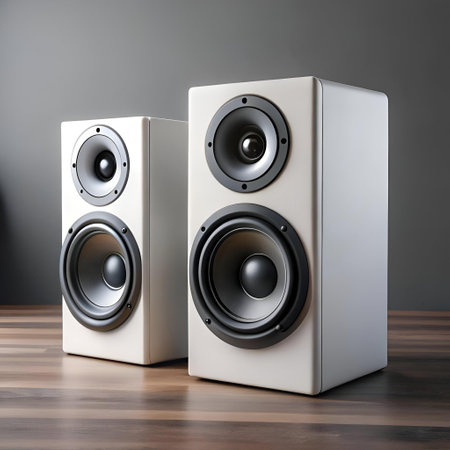 A pair of sleek. modern speakers on a woodgrain background. Perfect for showcasing music. audio equipment. or technology.の素材