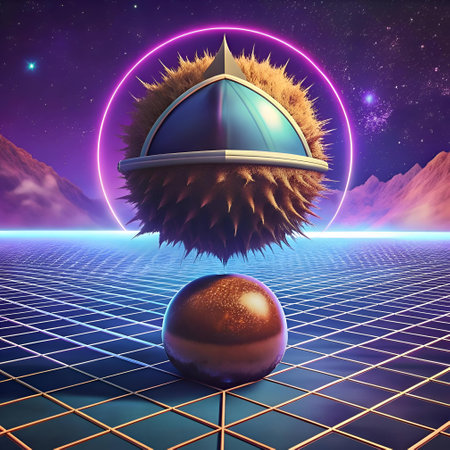 A surreal 3D illustration featuring a stylized chestnut with a futuristic dome. hovering above a glowing orb on a retro 80s grid. This unique image is perfect for sci fi. fantasy. and abstract designs.の素材