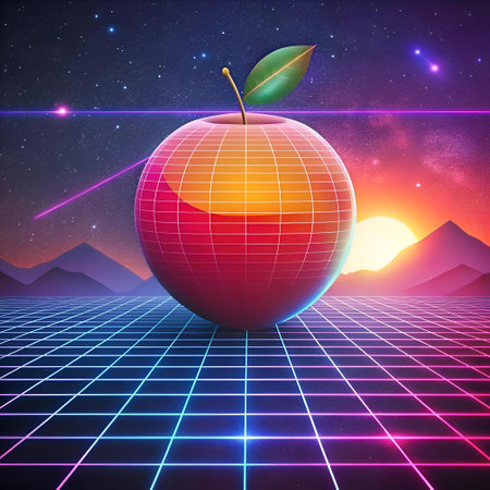 A vibrant 3D rendering of a red apple set against a retro futuristic backdrop. The apple features a glossy finish and a grid pattern. adding a futuristic touch. The image is perfect for tech related projects. social media graphics. or retro inspired designs.の素材