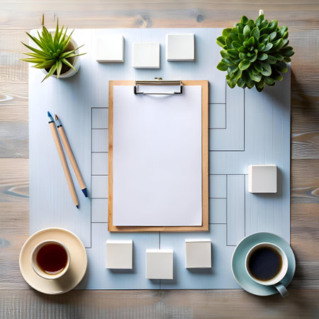 Flat lay mockup with clipboard. coffee. and plants. perfect for showcasing your designs or branding.の素材