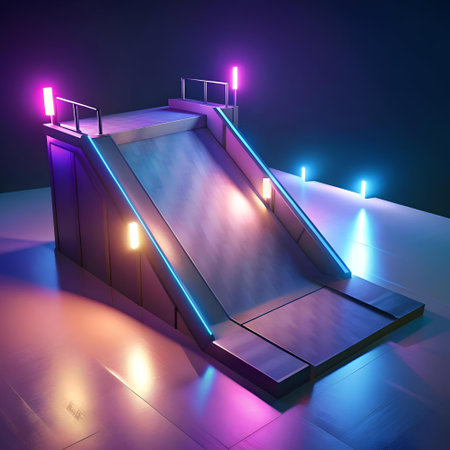 Futuristic 3D rendered ramp with neon lights. Perfect for game design. UI. and sci fi projects.の素材