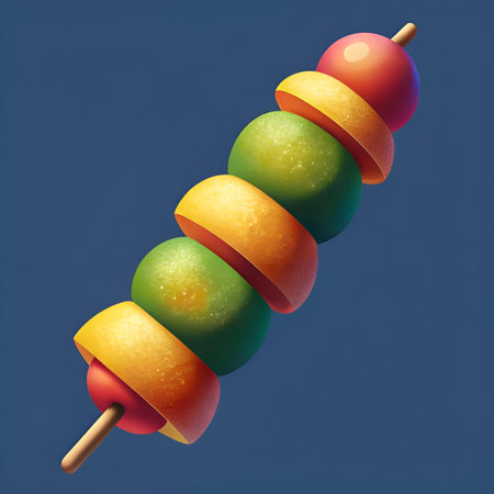 Colorful and playful 3D illustration of a fruit skewer with alternating slices of orange. green. and red. Perfect for representing fresh produce. healthy eating. and summer vibes.の素材