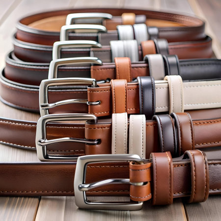 A close up of a stack of leather belts with silver buckles. showcasing their different colors and textures. Perfect for fashion. accessories. and retail marketing.の素材