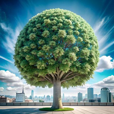 A majestic 3D rendering of a London Plane tree. its lush foliage creating a canopy of vibrant green. reaching towards a bright sky above a cityscape. This image evokes a sense of peace and harmony. ideal for nature. urban. and environmental themes.の素材