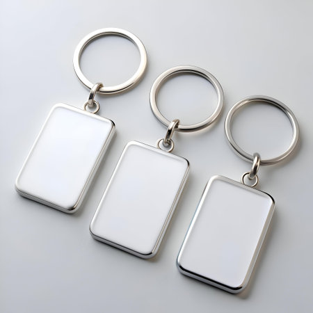 Three blank metal keychains with rectangular plates. perfect for branding. customization. or mockup designs.の素材