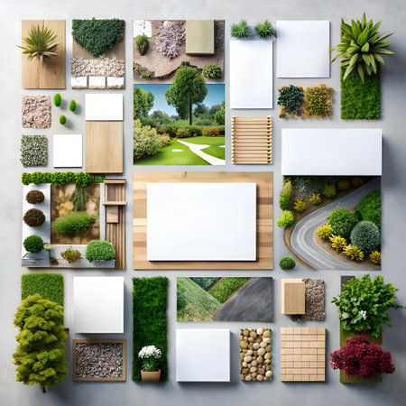 A beautiful mockup of a garden design. featuring various plants. textures. and blank canvases to showcase your design ideas. Perfect for architects. landscape designers. and home decor enthusiasts.の素材