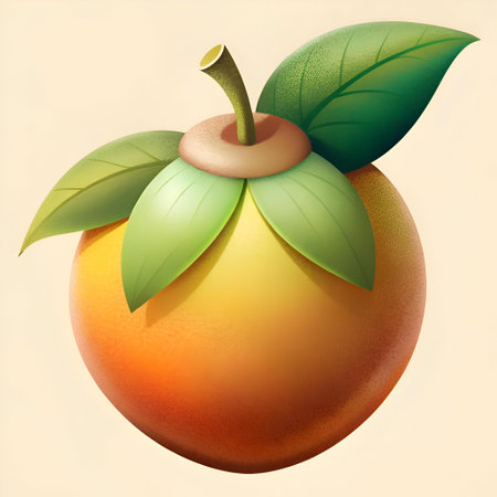A cute. stylized illustration of an orange with green leaves. Perfect for adding a touch of fun and freshness to your designs.の素材