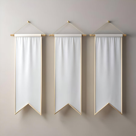Three blank white banners with gold accents. perfect for adding your own text or design. Great for mockups. presentations. and branding.の素材