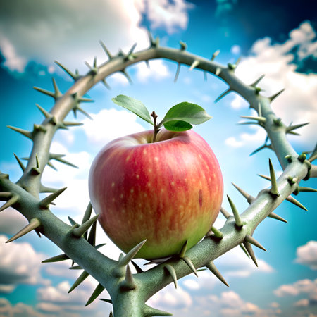 A symbolic 3D illustration of an apple resting on a thorny branch. evoking themes of temptation. sacrifice. and the price of knowledge. Ideal for religious. philosophical. or artistic projects.の素材