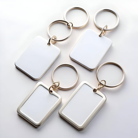 Four blank keychains with metal rings. perfect for branding. promotions. or personalizing with your own design.の素材