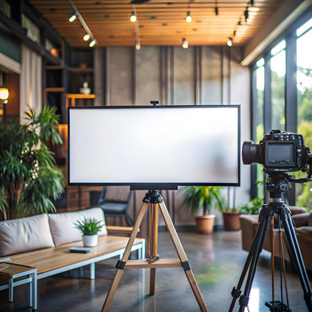 Blank screen mockup with tripod and camera in a modern interior setting. Perfect for showcasing presentations. product displays. or video calls.の素材