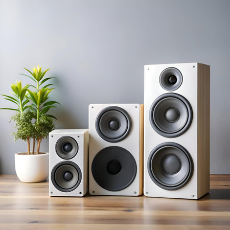 A modern home audio setup with three white speakers on a wooden floor. The speakers have black grilles and a clean. minimalist design. perfect for a modern living room or studio.の素材