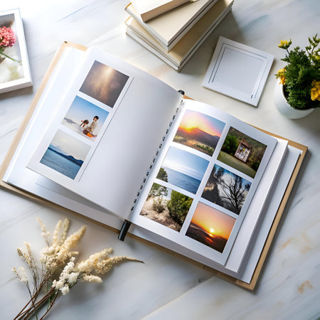 Open photo album with various landscape photos on a white surface. Perfect for illustrating concepts of memories. travel. and nostalgia.の素材