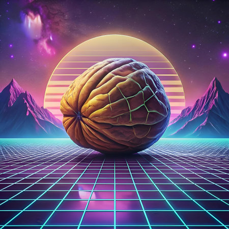 A surreal 3D illustration of an Andean walnut in a retrofuturistic landscape. Perfect for adding a touch of whimsy and nostalgia to your designs.の素材