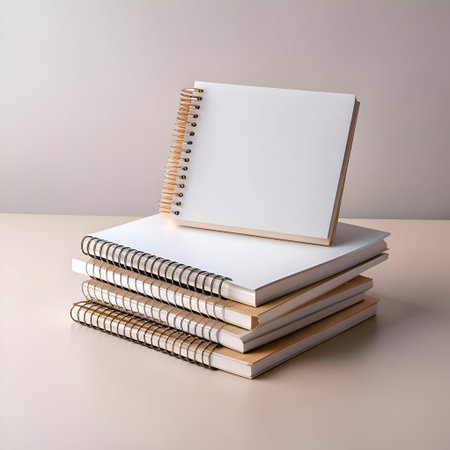 Stack of blank spiral notebooks on a light beige surface. perfect for showcasing your brand. product. or message.の素材