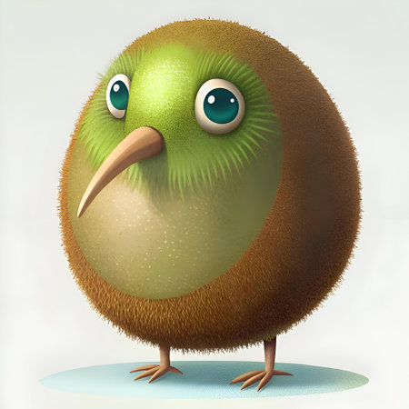 A quirky and charming 3D illustration of a kiwi bird with a cute. fuzzy texture and bright green eyes. Perfect for children's books. branding. or social media content.の素材