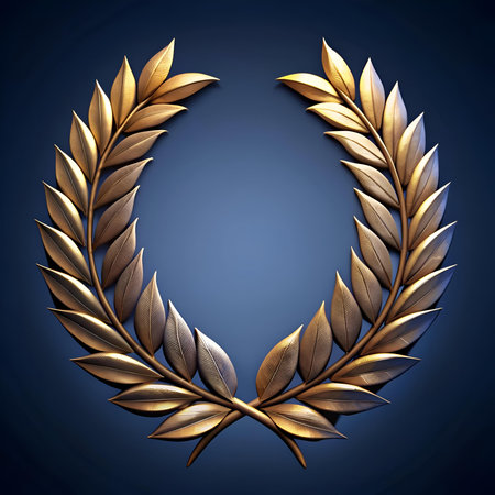 A striking 3D illustration of a golden laurel wreath. perfect for representing victory. achievement. and success. Ideal for website banners. presentations. and marketing materials.の素材