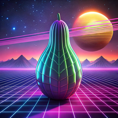 A futuristic 3D illustration of a chayote against a retro 80s background. Perfect for adding a unique and playful touch to your design projects.の素材