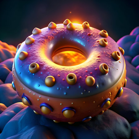A vibrant. 3D rendered donut with a colorful. textured surface. Perfect for illustrations about food. health. or science.の素材