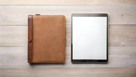 A top down shot of a brown leather tablet case and a modern tablet with a blank screen. both laid out on a natural wood surface. Ideal for showcasing your design or app.の素材