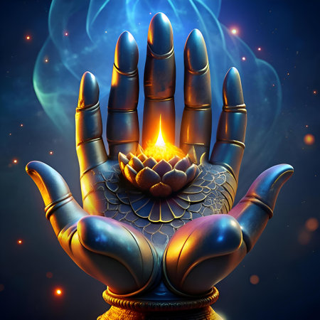 A mystical and powerful hand holds a lotus flower with a glowing flame. symbolizing enlightenment. growth. and spiritual awakening. Perfect for adding a touch of magic to your designs.の素材