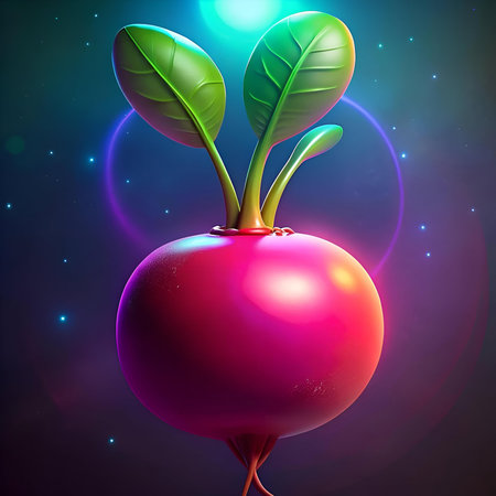 A vibrant 3D illustration of a radish. rendered in a glossy. cartoon style. Perfect for adding a playful and healthy touch to your designs.の素材