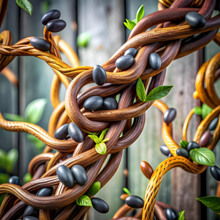 A captivating 3D illustration of a chocolate vine intricately intertwined with dark chocolate beans and vibrant green leaves. Perfect for adding a touch of deliciousness to your designs.の素材