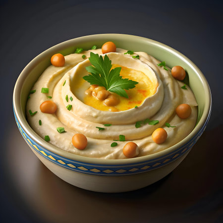 A close up shot of a bowl of hummus topped with chickpeas. parsley. and a drizzle of olive oil. The bowl is decorated with a blue and yellow pattern. Perfect for Middle Eastern cuisine and food blogs.の素材