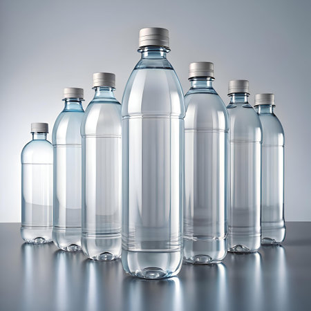 A clean and modern arrangement of six transparent plastic water bottles with silver caps. perfect for showcasing your brand or product.の素材