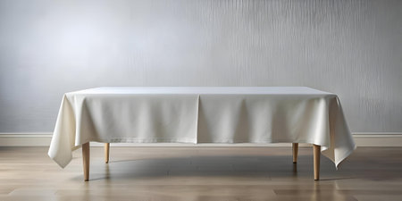 Clean and minimalist. this mockup showcases a pristine white tablecloth draped over a wooden table against a neutral backdrop. Perfect for showcasing your designs or products!の素材