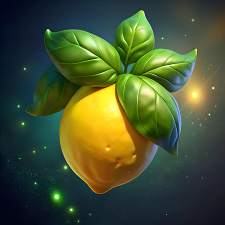 A vibrant 3D illustration of a juicy lemon with green leaves. perfect for adding a splash of freshness to your designs.の素材