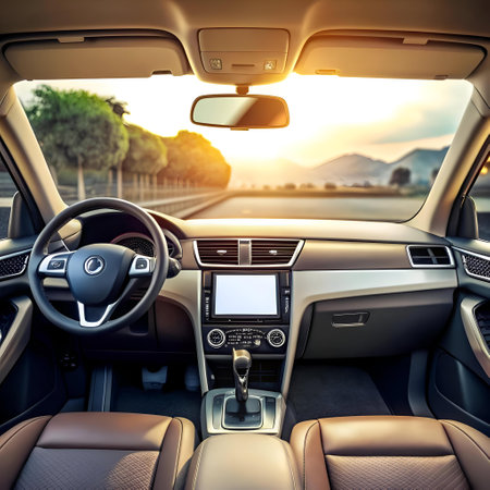 Modern car dashboard interior mockup with a blank touchscreen display and a scenic sunset view through the windshield. Perfect for showcasing your app. website. or design.の素材