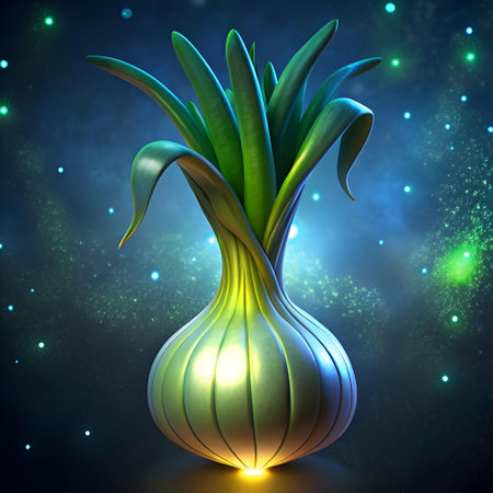 A vibrant 3D illustration of a glowing leek against a shimmering. cosmic backdrop. Perfect for adding a touch of whimsy and magic to your designs.の素材