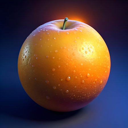 A close up of a dewy. golden apple with a vibrant blue background. Perfect for creating a fresh. healthy. and natural feel.の素材