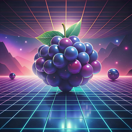 A vibrant 3D illustration of a currant cluster rendered in a retrofuturistic style. floating above a pixelated grid. Ideal for adding a playful and futuristic touch to designs.の素材