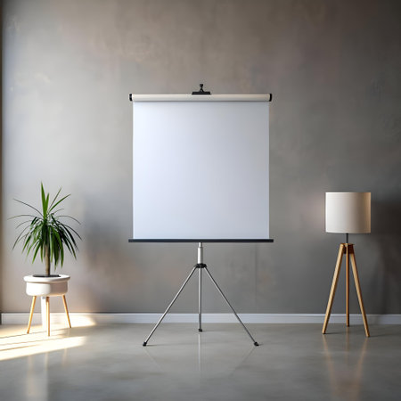 Blank projector screen on a tripod stand in a minimalist setting. Perfect for showcasing your presentations. designs. or ideas.の素材