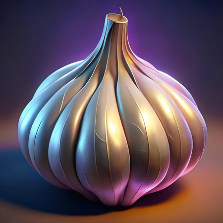 A sleek. 3D rendered garlic bulb with a metallic sheen.  Perfect for modern. abstract. or food related designs.の素材