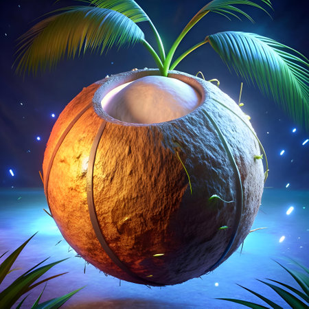 A 3D illustration of a coconut with a unique. textured surface and a glowing interior.  Perfect for tropical themes. summer vibes. and healthy food concepts.の素材