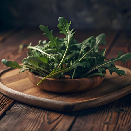Fresh arugula leaves in a wooden bowl. ready to add a peppery kick to your dishes. Perfect for showcasing healthy eating. salads. and restaurant menus.の素材