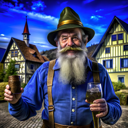 A friendly. jovial man in traditional German attire holds a beer stein and a glass of wine. showcasing a warm and welcoming atmosphere. Perfect for Oktoberfest. German culture. or pub themes.の素材