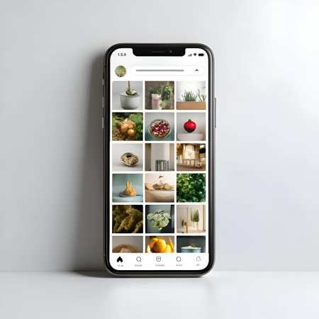 Modern smartphone displaying a curated Instagram feed with diverse content showcasing nature. home decor. food. and lifestyle. Ideal for social media. advertising. and design projects.の素材