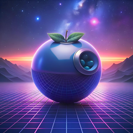 A futuristic blueberry. rendered in 3D. sits on a retro inspired grid.  This eye catching design evokes a sense of both nostalgia and innovation. Perfect for tech. food. or science related projects!の素材