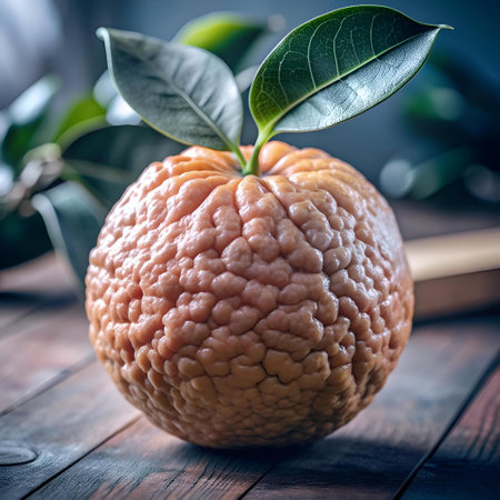 A close up 3D illustration of an ugli fruit. featuring its unique textured skin and two green leaves. perfect for adding a touch of nature to your design projects.の素材