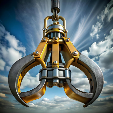A powerful 3D rendering of a metal grapple claw. suspended against a dramatic sky. Ideal for industrial. construction. or heavy machinery projects.の素材
