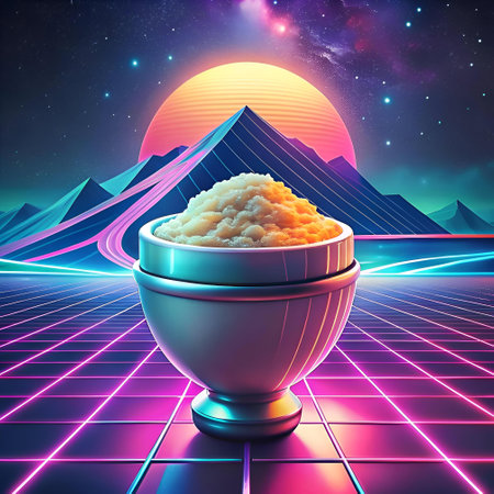 A futuristic 3D illustration of a bowl of halwa. set against a vibrant retro 80s backdrop.  Perfect for packaging. menus. and social media posts.の素材