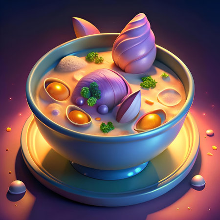 A vibrant 3D illustration of a bowl of clam chowder. featuring a playful. stylized aesthetic. Perfect for restaurant menus. food blogs. and social media posts.の素材
