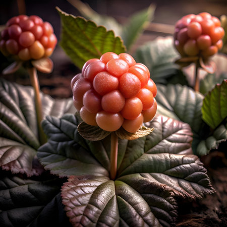 A close up 3D illustration of a ripe cloudberry nestled among vibrant green and brown leaves. The intricate details of the berry and foliage create a visually appealing and natural scene.の素材