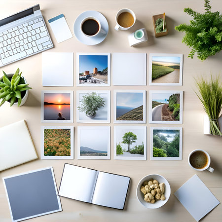 A flat lay showcasing a curated collection of travel photos. perfect for showcasing your travel blog. website. or social media.の素材